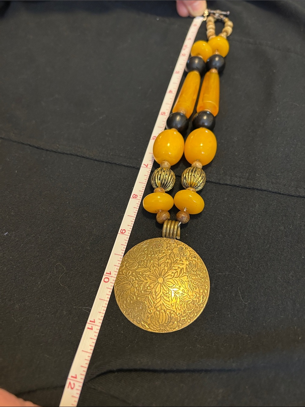 Handcrafted Yellow Beaded Statement Necklace with Ornate brass floral Pendant image 7